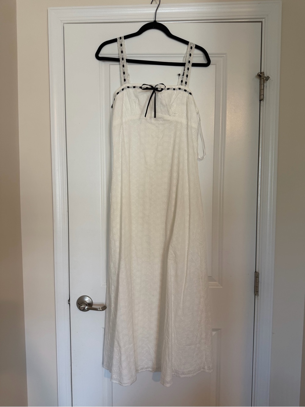 Selfie Leslie White Eyelet Midi Dress with Black Trim Bow